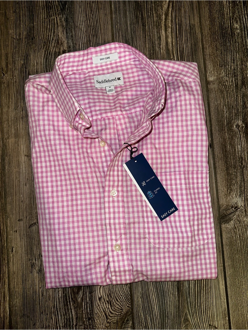 Saddlebred Pink Gingham Button-Down Shirt Classic Cotton Short Sleeve Medium